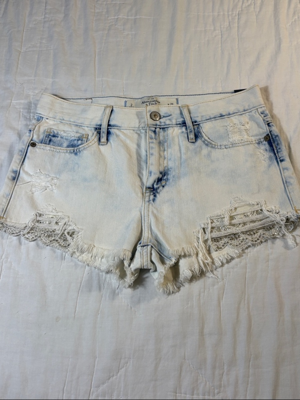 Abercrombie & Fitch Distressed Bleach Wash Shorts 2 HighRise Lace Trim Denim NWT